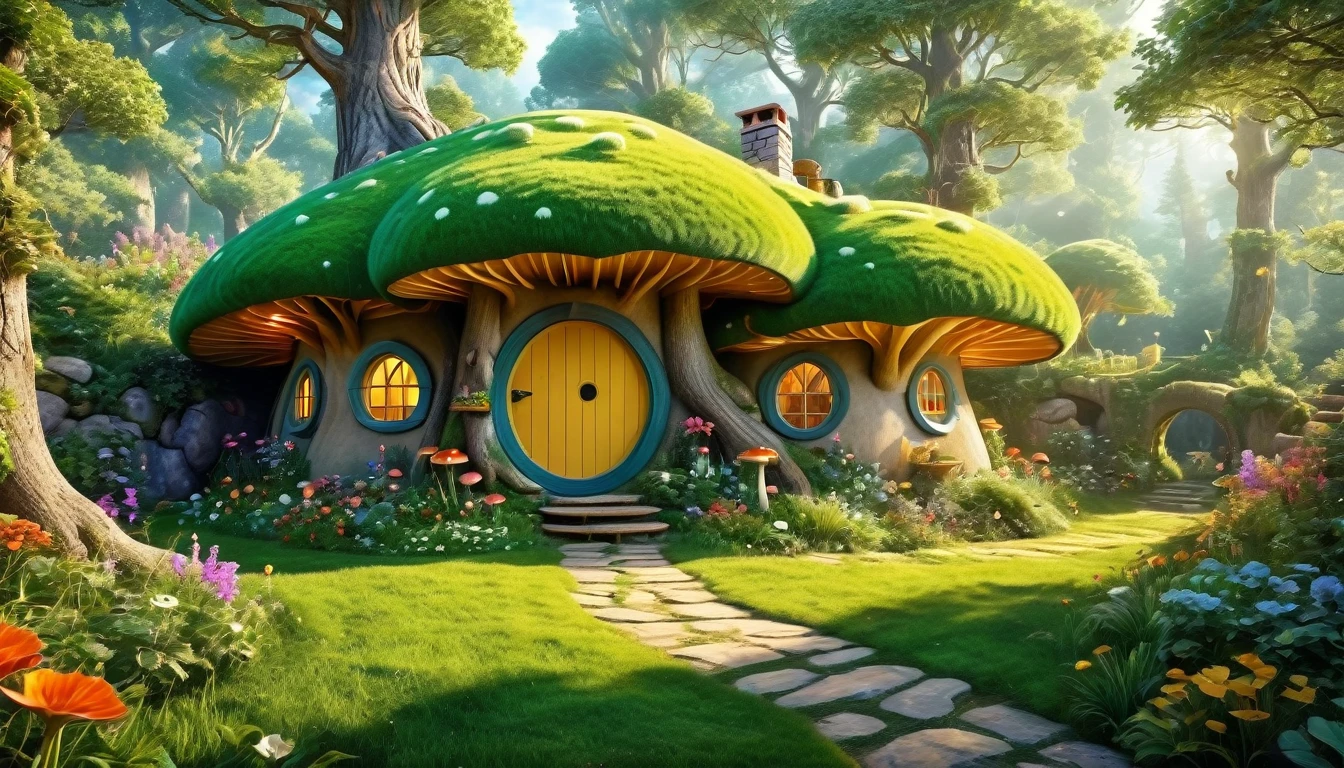 (Mysterious fantasy forest, dense trees, a cute and strange little tree:1.5), A hobbit cabin vividly depicted (best quality, 8K, advanced resolution, masterpiece:1.2) with ultra-detailed realism (1.4x realism, photorealistic: 1.37). This fantasy forest, surrounded by lush greenery and colorful flowers, is bathed in warm sunlight, creating a cheerful and whimsical atmosphere. The cabin, resembling a mushroom-shaped house, features intricate design and unique architecture. The artwork showcases an illustrative style inspired by children's book illustrations, with a vibrant rainbow color palette evoking joy and playfulness. Soft, warm lighting adds depth and warmth, making every detail impeccably presented. This visually stunning masterpiece captures the essence of a magical fantasy forest deep in the heart of a dense woodland.