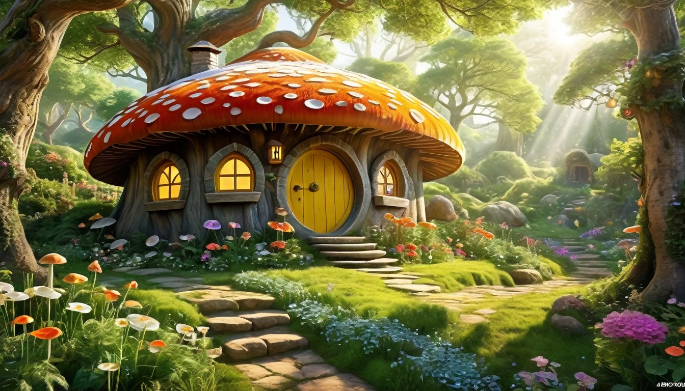 (Mysterious fantasy forest, dense trees, a cute and strange little tree:1.5), A hobbit cabin vividly depicted (best quality, 8K, advanced resolution, masterpiece:1.2) with ultra-detailed realism (1.4x realism, photorealistic: 1.37). This fantasy forest, surrounded by lush greenery and colorful flowers, is bathed in warm sunlight, creating a cheerful and whimsical atmosphere. The cabin, resembling a mushroom-shaped house, features intricate design and unique architecture. The artwork showcases an illustrative style inspired by children's book illustrations, with a vibrant rainbow color palette evoking joy and playfulness. Soft, warm lighting adds depth and warmth, making every detail impeccably presented. This visually stunning masterpiece captures the essence of a magical fantasy forest deep in the heart of a dense woodland.