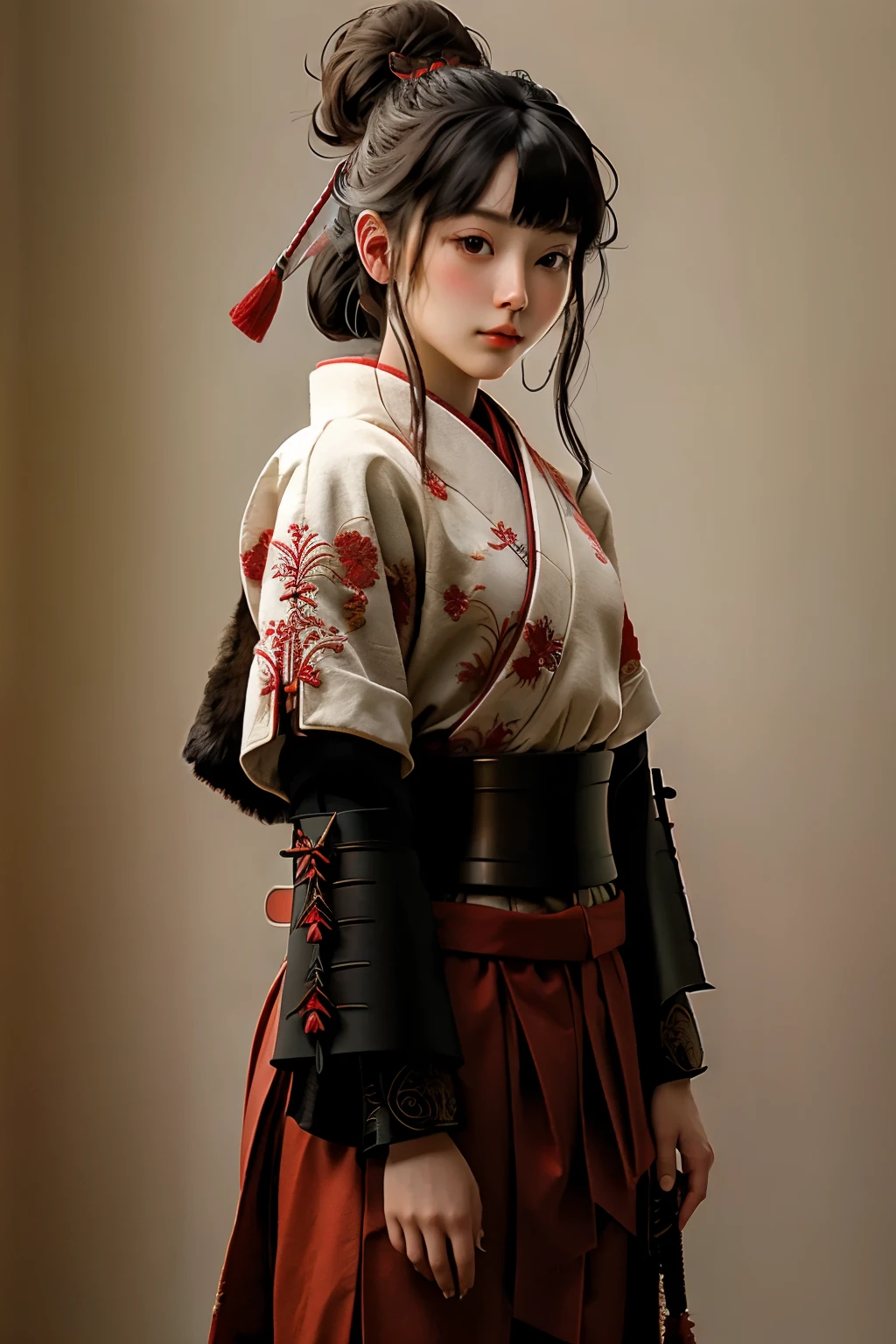 Beautiful young woman wearing red samurai armor. The mechanics are extremely intricate in detail. full body photo The best virtual reality