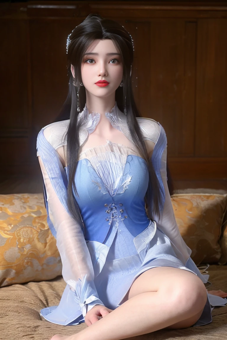 A beautiful young woman，Long hair，Wearing pajamas，Sitting on the bed，barefoot，Wearing a dress，Side-lying，Cross-legged，Full body shot，(Best picture quality，4k,8k，high-definition，excellent work:1.2)，Ultra Detail，(Realistic，Realistic，Realistic:1.37)，Delicate eyes，Delicate lips，Extremely detailed face and eyes，Long eyelashes，Natural light，Warm colors，Soft Focus，，portrait，Chiaroscuro，Deep scene