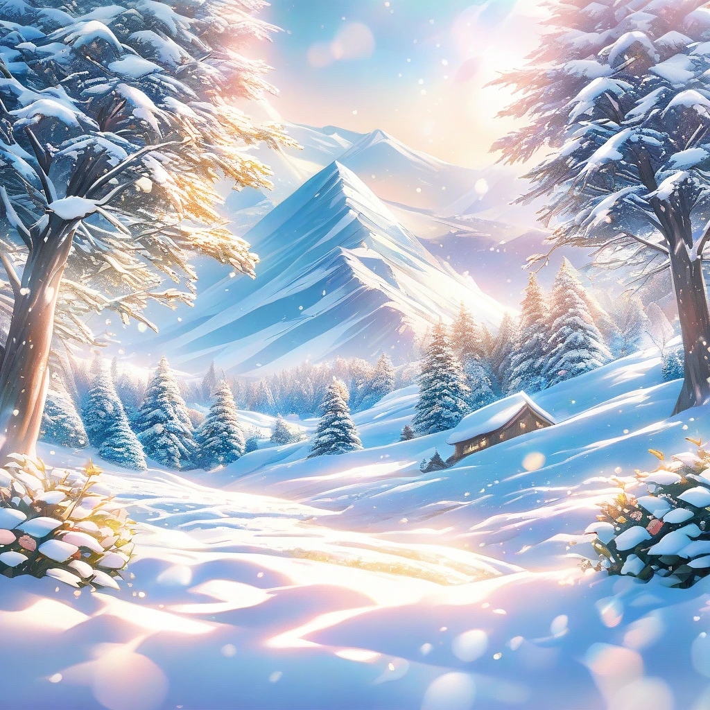 Snow Scene，snow，The Peak，plant（（（Romantic atmosphere）））（（（fairy tale elements）））（（（masterpiece）））， （（best quality））