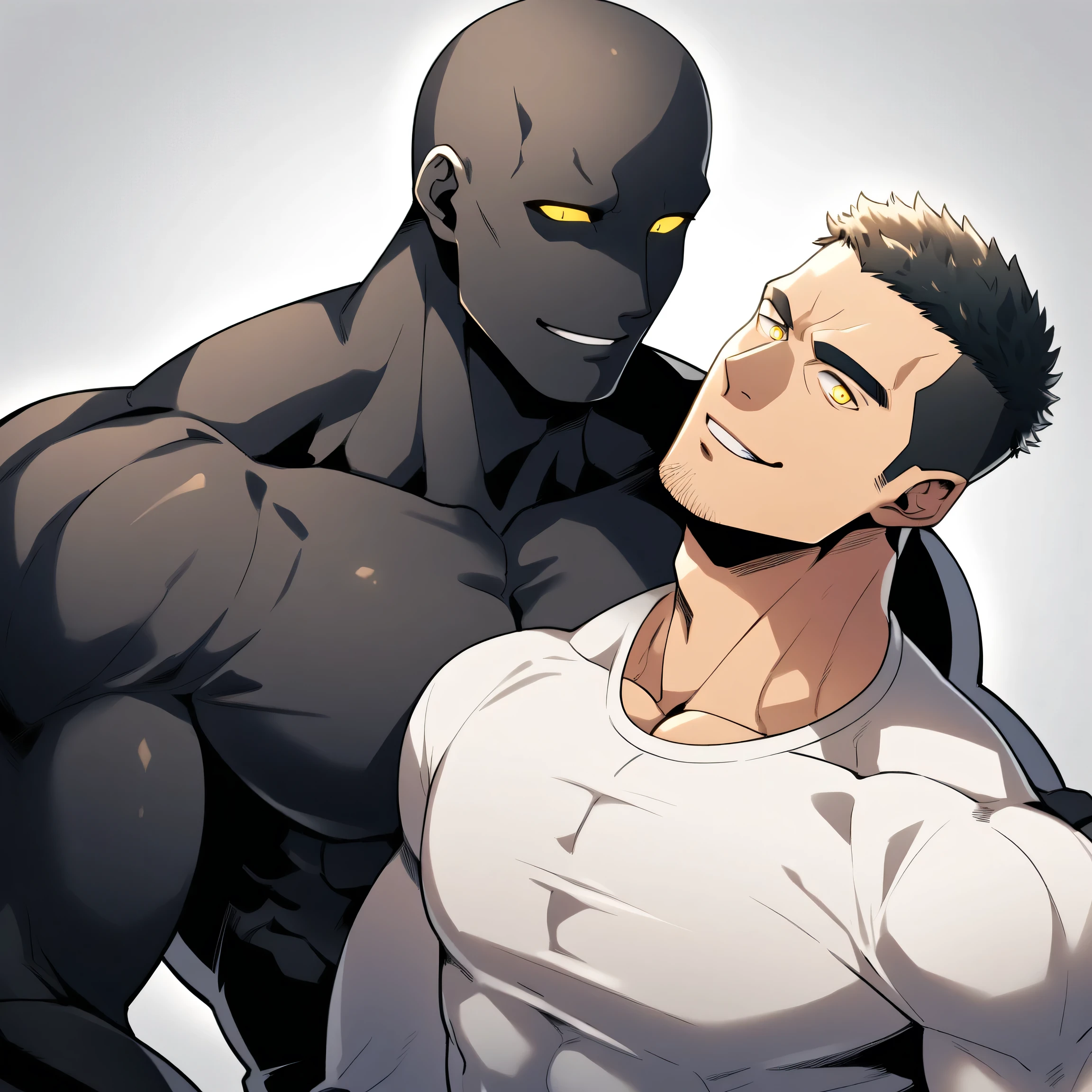 anime characters：Two superheroes in tights, Muscle Sports Student and Muscle No Face skinhead superhero, No Face，negro black skin, They hugged and kissed each other, Bite your neck, Caress, Manliness, male focus, Yellow and black high collar long sleeve tight T-shirt, Slightly transparent material, Very tight, Round, full and perky chest muscles, Muscle waist, Slightly transparent, muscular male, muscular, only, Upper body, alone, Black short hair, Thick eyebrows, stubble, Yellow eyes, Grey background, simple background, amazing quality, best aesthetics, Ridiculous, bright pupils, crew cut, parted lips, seductive smile, torogao, naughty face, drop shadow, best quality