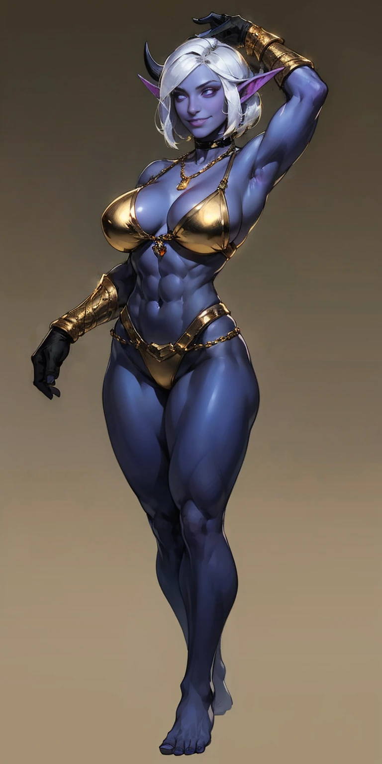 ((plain background:1.2, 1sologirl)) full body standing barefoot hands on waist navel, purple skin, drow, elf, Madura, Detailed happy face, purple eyes, white hair bob style, gold bikini, well defined six pack abs, Large knockers, black leather choker with gold cow bell, gold chain necklace, golden bracers on feet and arms, golden gloves