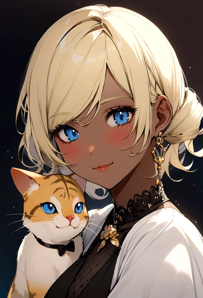 Girl in her 20's with blonde hair, blue eyes and dark skin with feline features