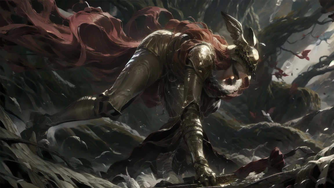 1 girl, ultra sharp image, beautiful figure, beautiful, full length (full body 1.1.), big tree in the background, slender legs, buttocks, slender legs, Wasp waist, sexy, fighting pose, fighting stance, only,helmet,light-skinned Женский, One, long curved sword in hand