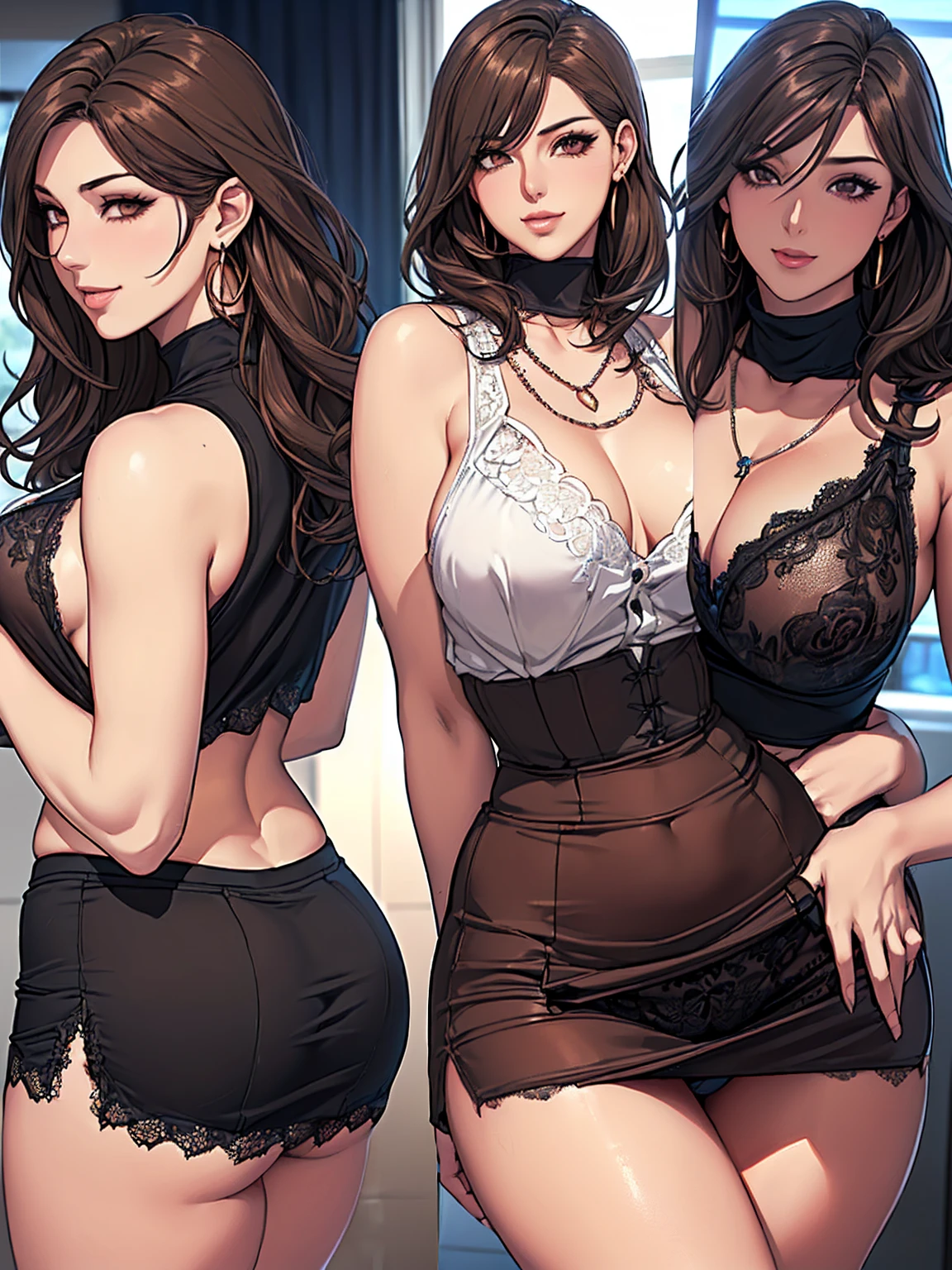 (Highest quality,High resolution,Pixel perfect,8K), (1 Girl:1.2), Beautiful woman,((Wavy mid-length hair, bangs, Brown Hair)), ((Brown eyes, Beautiful eyelashes, Realistic eyes)), ((Detailed face:1.2)), ((Smooth texture:0.75, Realistic texture:0.65, Realistic:1.1, Anime CG Style)), Slender body, Medium Chest, Perfect body, (Earrings,necklace,Sleeveless turtleneck sweater,mini skirt, ((Skirt flip)), A shy smile, ((Her lacy panties are visible:1.1), (Multiple Views,Two views), (The sexy, beautiful girl next door:1.2), Inviting expression, ((Trying to take off my top:1.2))