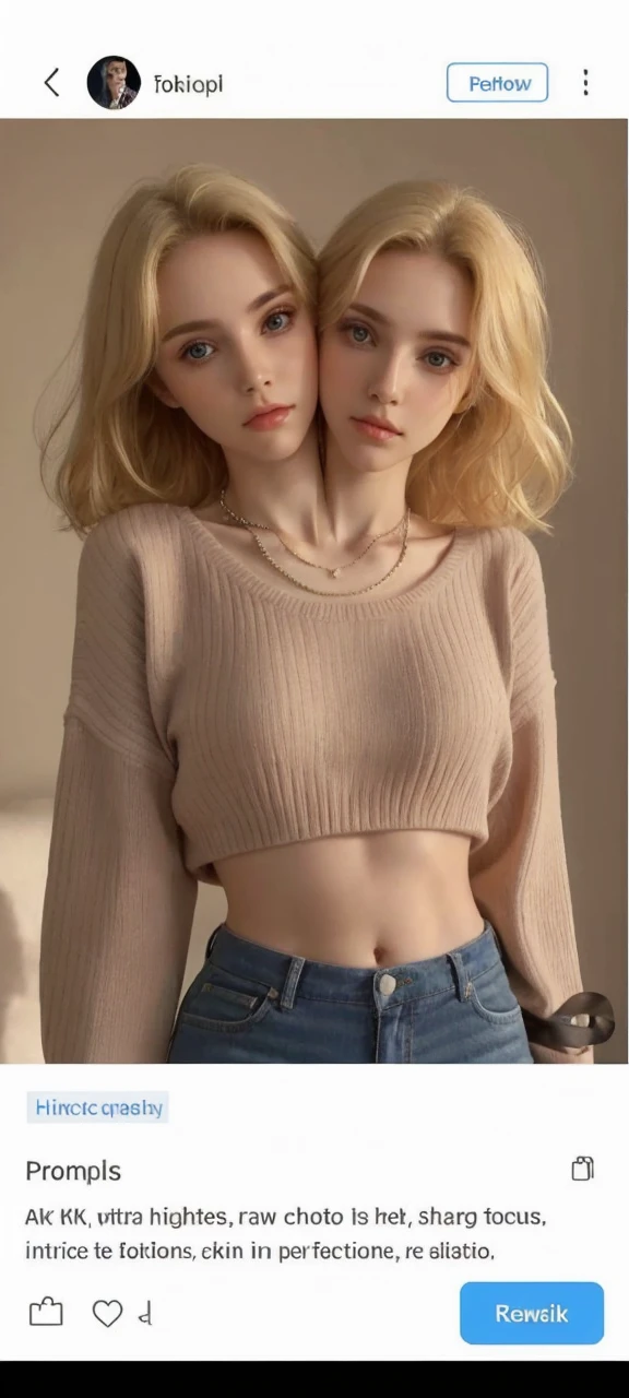 4k, 8k, ultra highres, raw photo in hdr, sharp focus, intricate texture, skin imperfections, realistic, detailed facial features, highly detailed face, posing, standing,perfect lighting, necklace, caucasian women, (fashion),Peachmilky1, blonde hair,sweater, midriff, conjoined_dicephalus, (two heads:1.2)