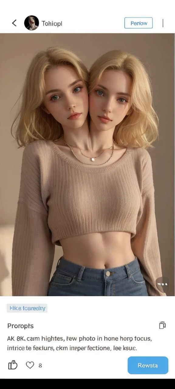 4k, 8k, ultra highres, raw photo in hdr, sharp focus, intricate texture, skin imperfections, realistic, detailed facial features, highly detailed face, posing, standing,perfect lighting, necklace, caucasian women, (fashion),Peachmilky1, blonde hair,sweater, midriff, conjoined_dicephalus, (two heads:1.2)