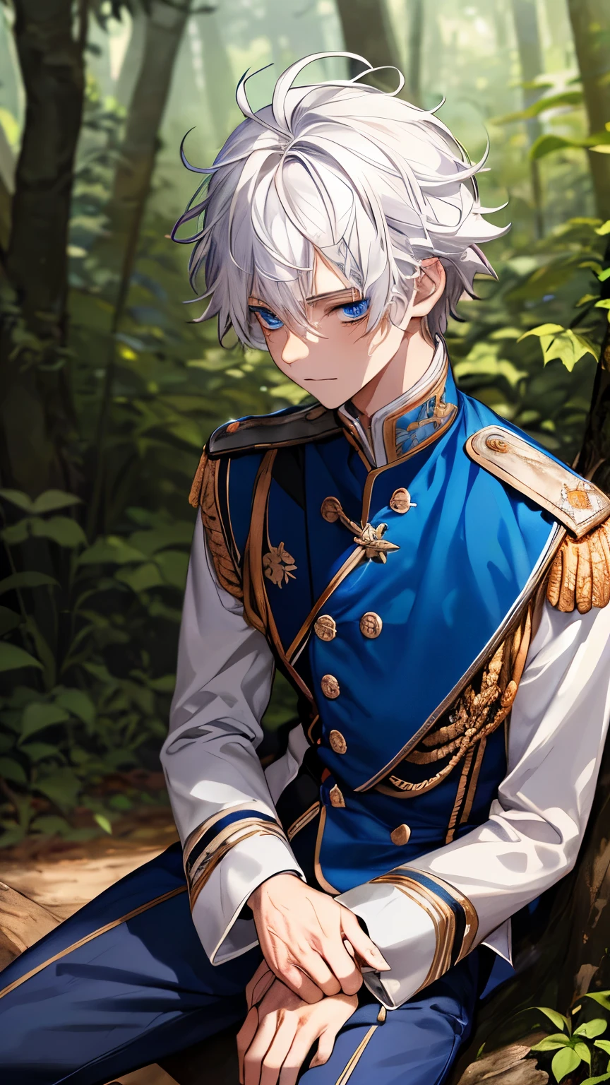 young male teenager,Sitting in the woods, looking away,,ultra detail, Ultra HD, masterpiece, best quality,blue eyes, white hair, medium hair,messy hair,Prince's uniform,close up photo