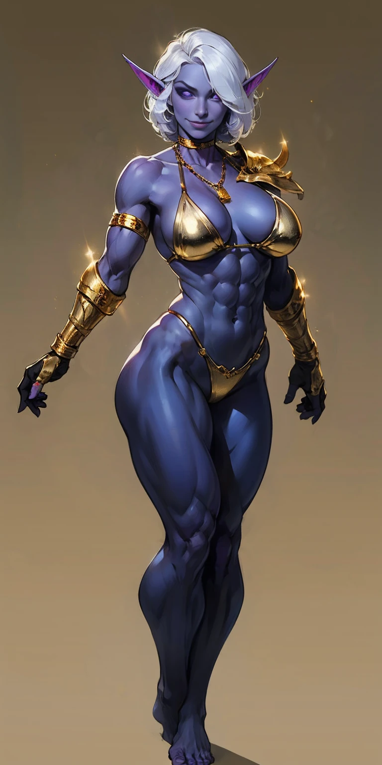((plain background:1.2, 1sologirl)) full body standing barefoot hands on waist navel, purple skin, drow, elf, Madura, Detailed happy face, purple eyes, white hair bob style, gold bikini, well defined six pack abs, Large knockers, black leather choker with gold cow bell, gold chain necklace, golden bracers on feet and arms, golden gloves