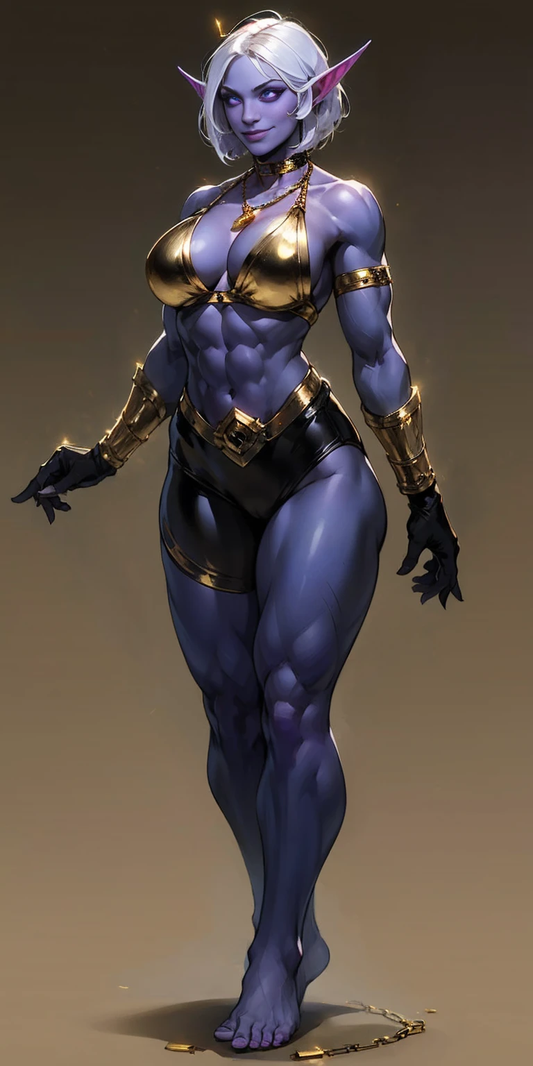 ((plain background:1.2, 1sologirl)) full body standing barefoot hands on waist navel, purple skin, drow, elf, Madura, Detailed happy face, purple eyes, white hair bob style, gold bikini, well defined six pack abs, Large knockers, black leather choker with gold cow bell, gold chain necklace, golden bracers on feet and arms, golden gloves
