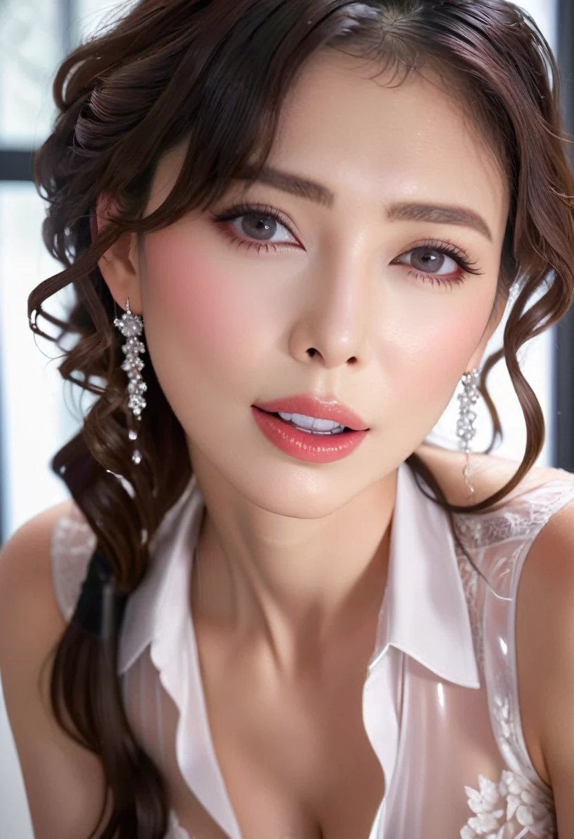 (masterpiece, best quality: 1.2), 1wavy hair secretary，Sexy eyes,Head close-up，Wet sexy lips，A lot of saliva ，earrings、(((no bra))),(((See-through))),(((no bra))),(((See-through))),
