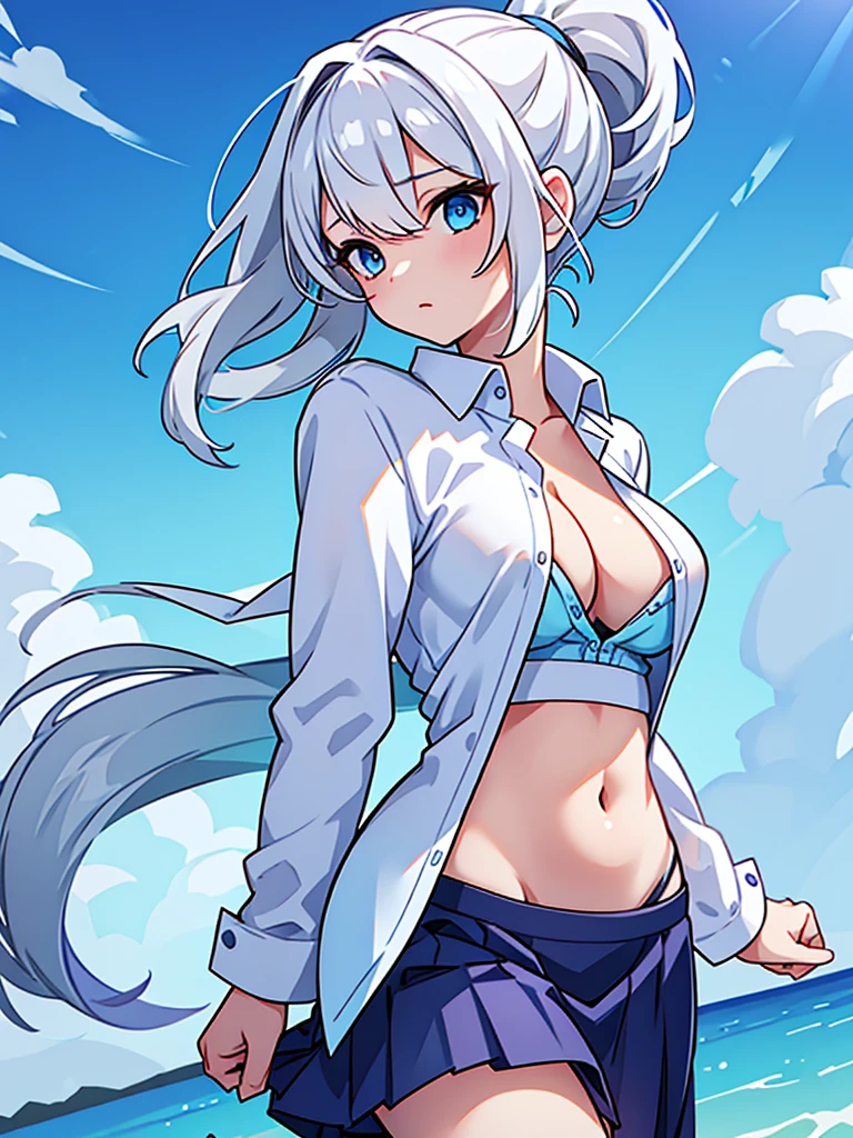 pretty,sexy,wind,unbuttoned,white hair,ponytail,blue clothes,Blue Eyes,Adult,busty,skirt,breasts visible