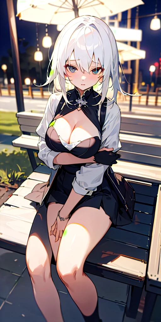 (masterpiece, Highest quality),Night Park, 1 sitting white haired girl, Hold your chest with both arms, Short skirt, The cleavage is exposed, Blurred foreground
