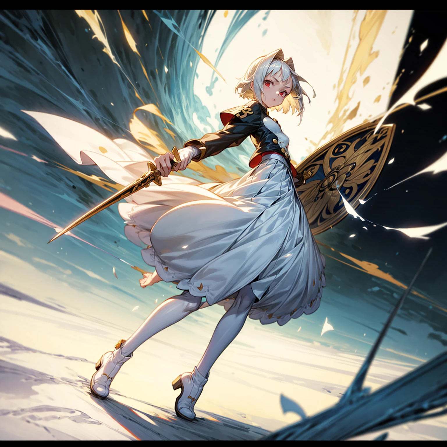 1girl, Full body version, 1character, light red eyes color, white skin, short hairstyle, white colour hair, saber style clothing, Long skirt, long socks, long boots, dagger knife in hand, small Shield in hand, full background, Grassroots background in village, motion blur, shadow, battle gesture, (one piece style art)