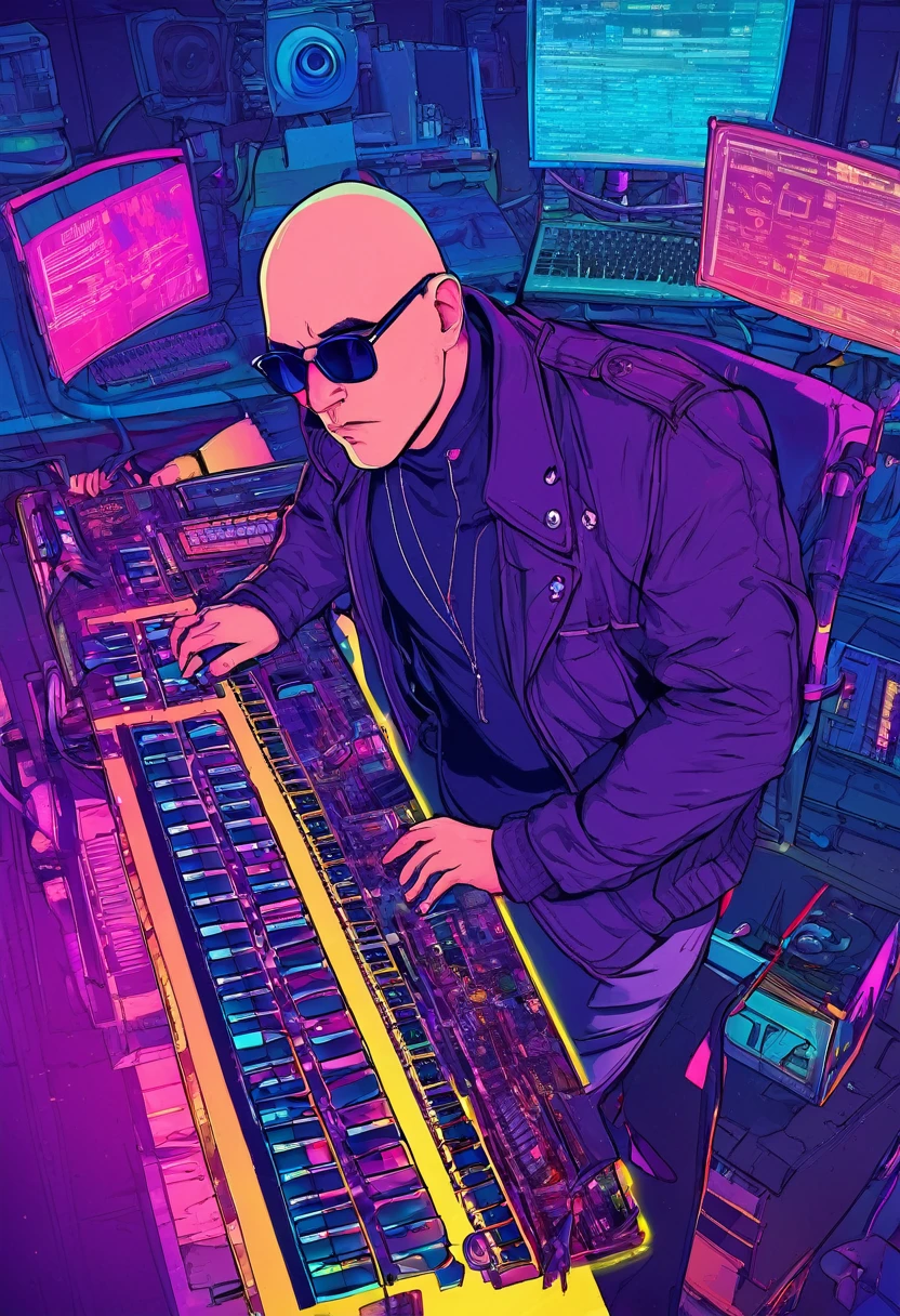 A bald guy, short beard, sunglasses, athletic body, in jacket, with a keyboard and monitor in front of you, POV view.