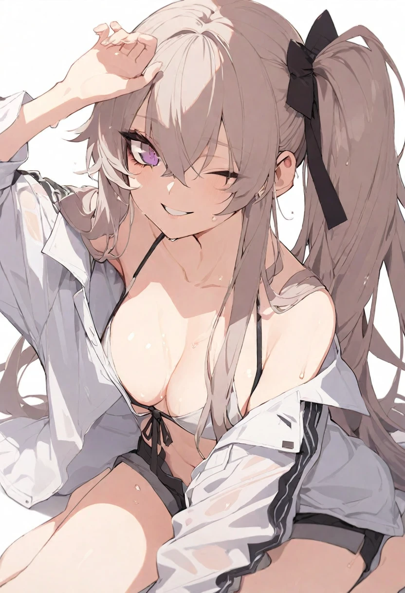 (muste piece), (best quality), very detailed eyes, expressive eyes, perfect face, very detailed face, highly detailed face, beautiful girl, 8K, beautiful girl, white background, delicate and beautiful face and eyes, dark intense shadow, 
1 girl, vtuber style, cool girl, girls frontline style, girls frontline, UMP45, scar on rigth eye, long hair, side ponytail, bikini, front-tie top, Unbuttoned shorts, big chest, cropped shoulders, clavicle, wet body, wet hair, one eye close winking, smile, body visible through clothes, chest visible through clothes, ass visible through thighs, (whole body), barefoot, naked thighs, sitting, open legs wide,