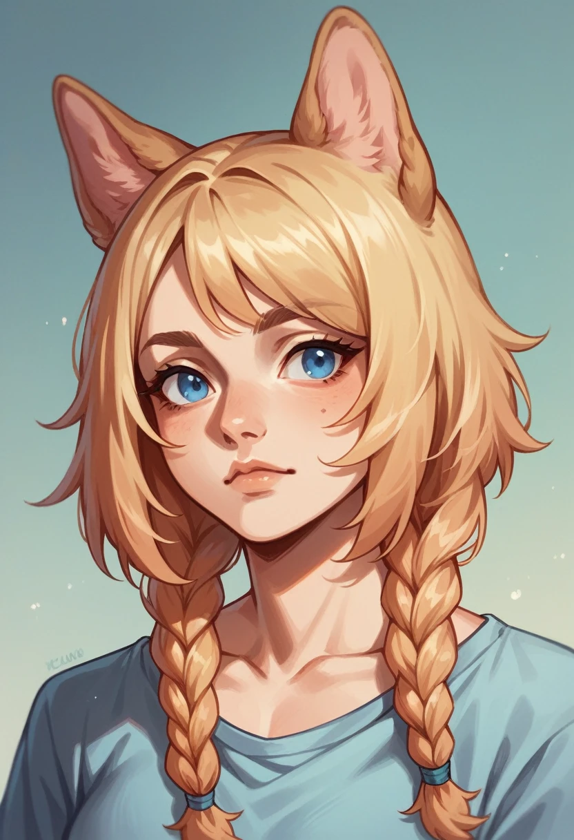 masterpiece, blond hair, ywoman, blue eyes, {{dog ears}}}, long twin braids, medium hair, portrait,