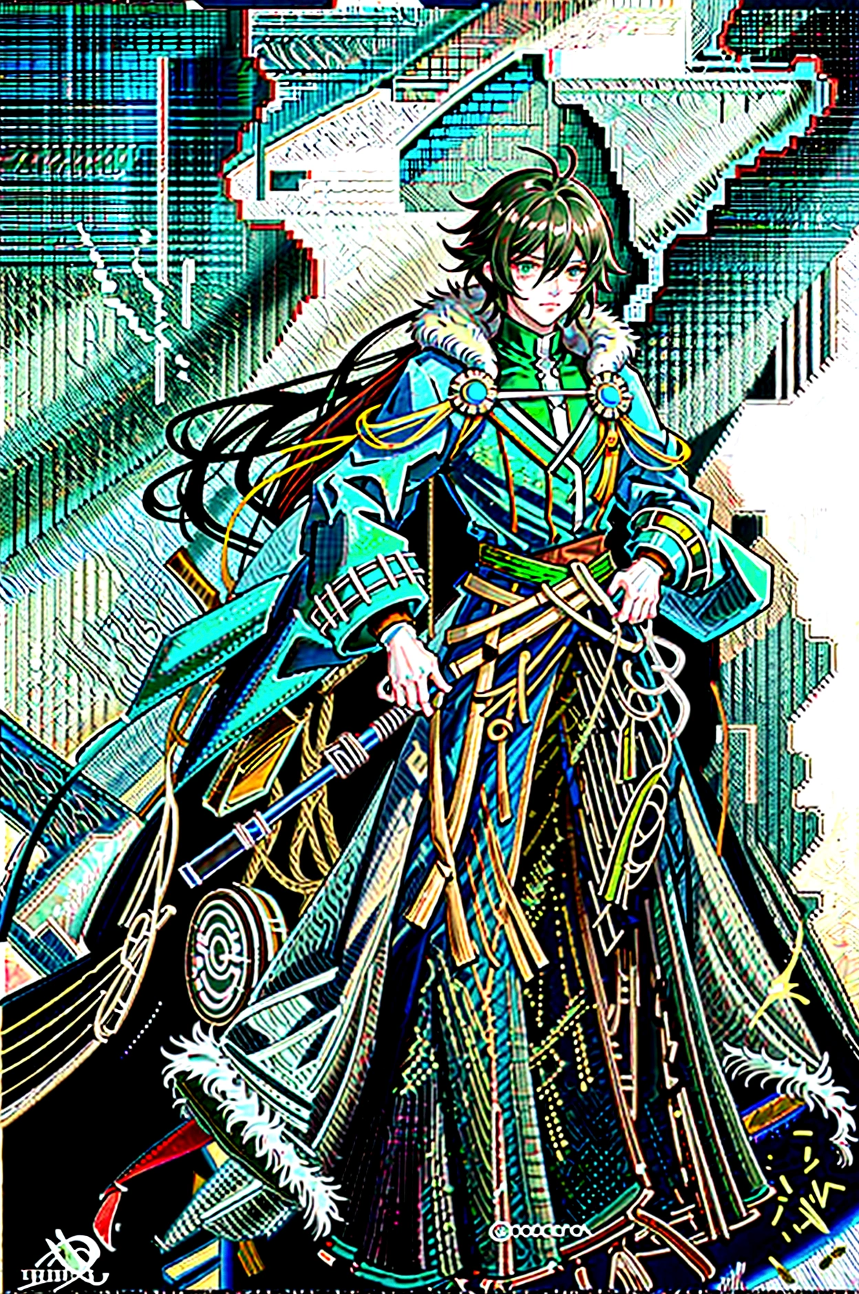 yuichiro hyakuya, expressive eyes, 1 boy, black hair, green eyes, brown coat, gray armor, green shield, green cloak, dark brown gloves, town, fur trim, anime, standing, good quality, portrait, looking at viewer