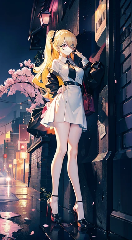 Young and beautiful Kathryn Newton, Gles, White dress shirt, The neckline is deep, Black Mini Dress, Dark pantyhose, Surreal, 14 years old, Model Diagram, Large Breasts, Beautiful breasts, Big Ass, Long hair, Ponytail, Blonde hair, Long legs, 8K, futuristic city, Cherry blossoms, sunrise, LED lighting, Anime style, (((cleveage)))，（（Leaning against the wall，Sideways posture））