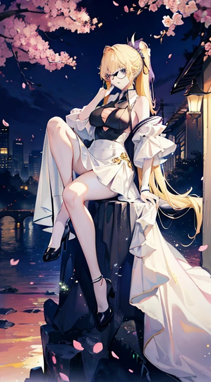 Young and beautiful Kathryn Newton, Glasses, White dress shirt, The neckline is deep, Black Mini Dress, Dark pantyhose, Surreal, , Model Diagram, Large Breasts, Beautiful breasts, Big Ass, Long hair, Ponytail, Blonde hair, Long legs, 8K, futuristic city, Cherry blossoms, sunrise, LED lighting, Anime style, (((cleveage))),((Leaning against the wall,Sideways posture))