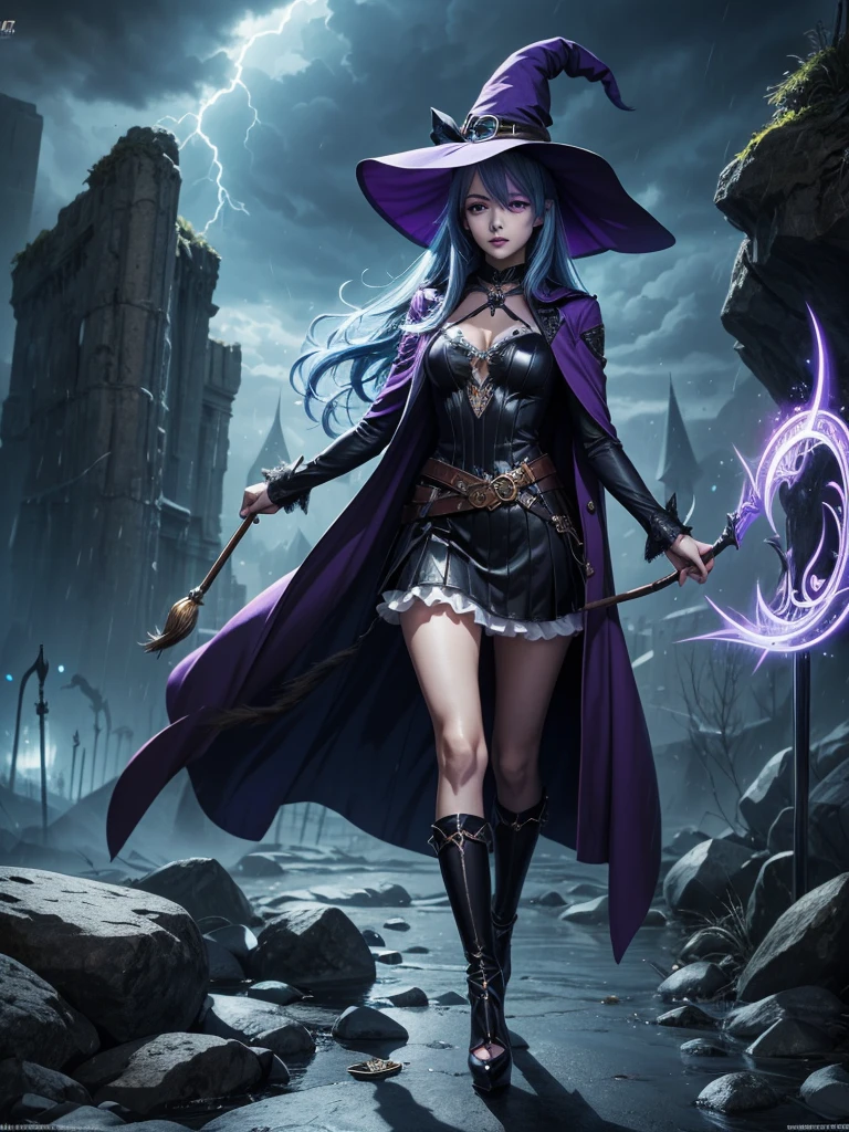 In the middle of so the storm on the stone field stand beatiful witch, she have a beautiful face with blue eyes shining purple lipstick and purple eye shadows, she have long blue hair with purple highlights, she dressed in black long coat short skirt high heels shoes and witch hat on her head , there is lighnings all around her, (ultra high quality fantasy art, anime fantasy style, masterpiece, ultra high quality character design, 8k quality anime art, realistic anime art, top quality wallpaper illustration, detailed ultra high quality accurate face, high quality design and accurate physic)