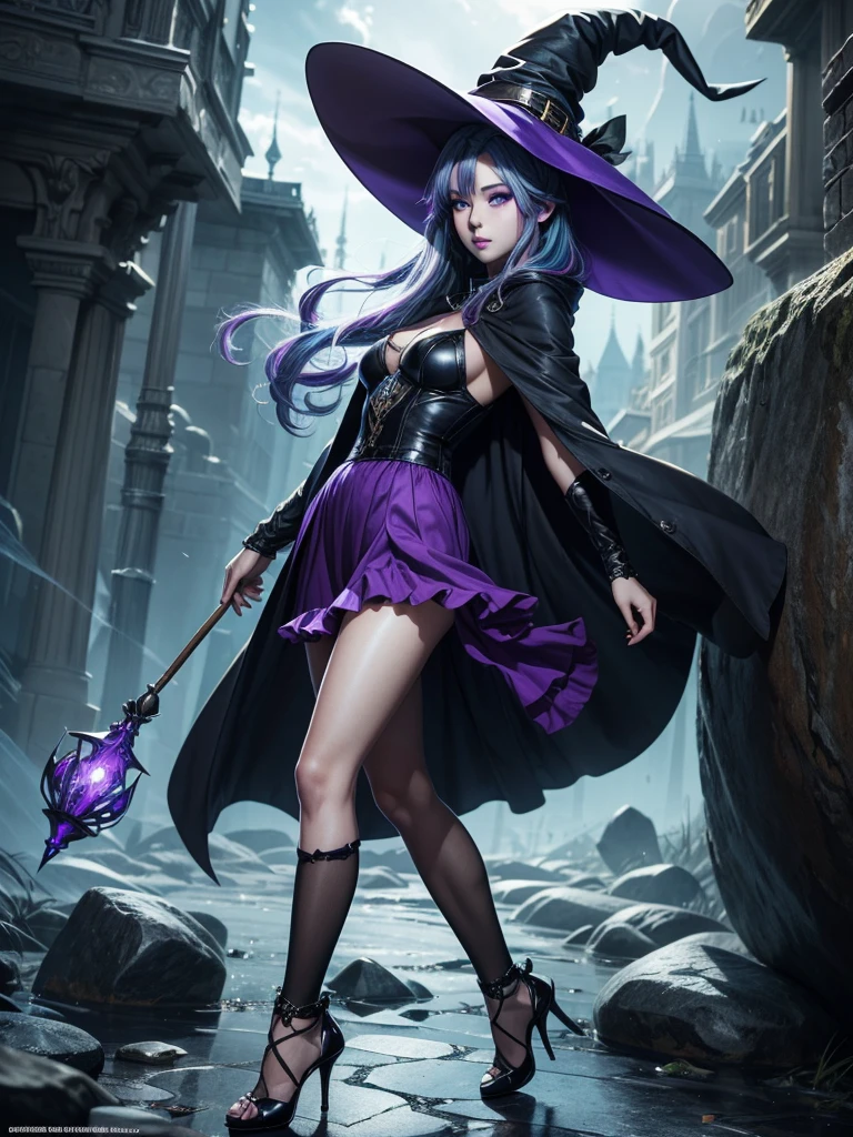 In the middle of so the storm on the stone field stand beatiful witch, she have a beautiful face with blue eyes shining purple lipstick and purple eye shadows, she have long blue hair with purple highlights, she dressed in black long coat short skirt high heels shoes and witch hat on her head , there is lighnings all around her, (ultra high quality fantasy art, anime fantasy style, masterpiece, ultra high quality character design, 8k quality anime art, realistic anime art, top quality wallpaper illustration, detailed ultra high quality accurate face, high quality design and accurate physic)