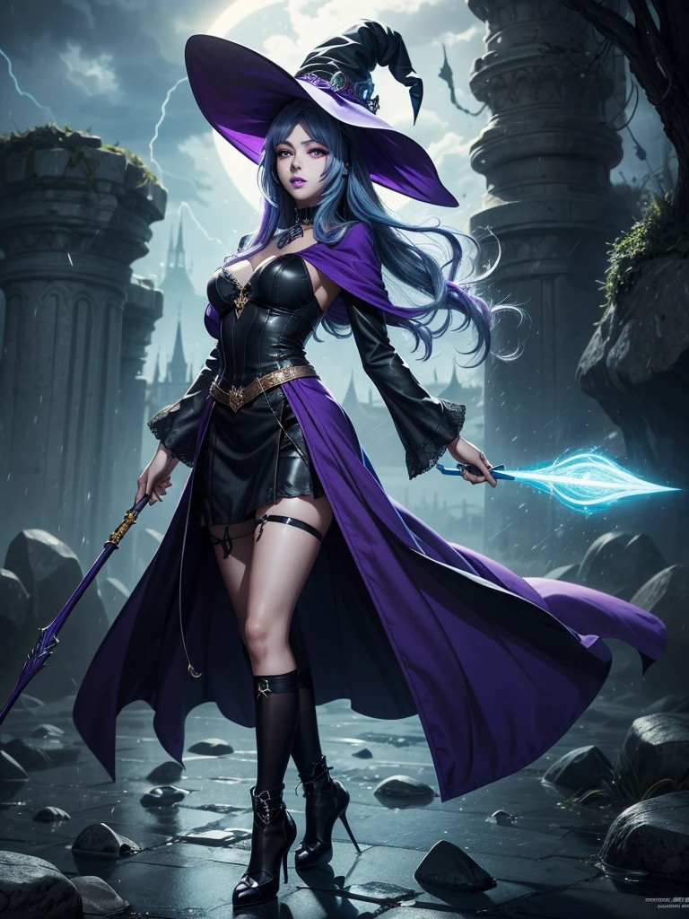 In the middle of so the storm on the stone field stand beatiful witch, she have a beautiful face with blue eyes shining purple lipstick and purple eye shadows, she have long blue hair with purple highlights, she dressed in black long coat short skirt high heels shoes and witch hat on her head , there is lighnings all around her, (ultra high quality fantasy art, anime fantasy style, masterpiece, ultra high quality character design, 8k quality anime art, realistic anime art, top quality wallpaper illustration, detailed ultra high quality accurate face, high quality design and accurate physic)