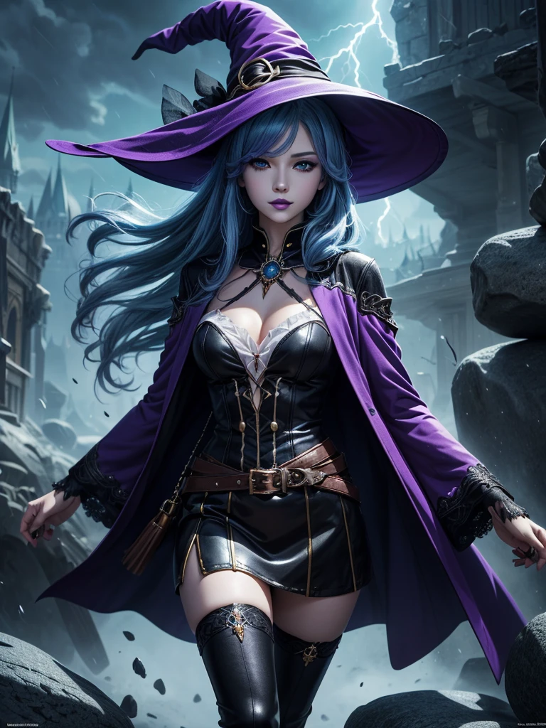In the middle of so the storm on the stone field stand beatiful witch, she have a beautiful face with blue eyes shining purple lipstick and purple eye shadows, she have long blue hair with purple highlights, she dressed in black long coat short skirt high heels shoes and witch hat on her head , there is lighnings all around her, (ultra high quality fantasy art, anime fantasy style, masterpiece, ultra high quality character design, 8k quality anime art, realistic anime art, top quality wallpaper illustration, detailed ultra high quality accurate face, high quality design and accurate physic)