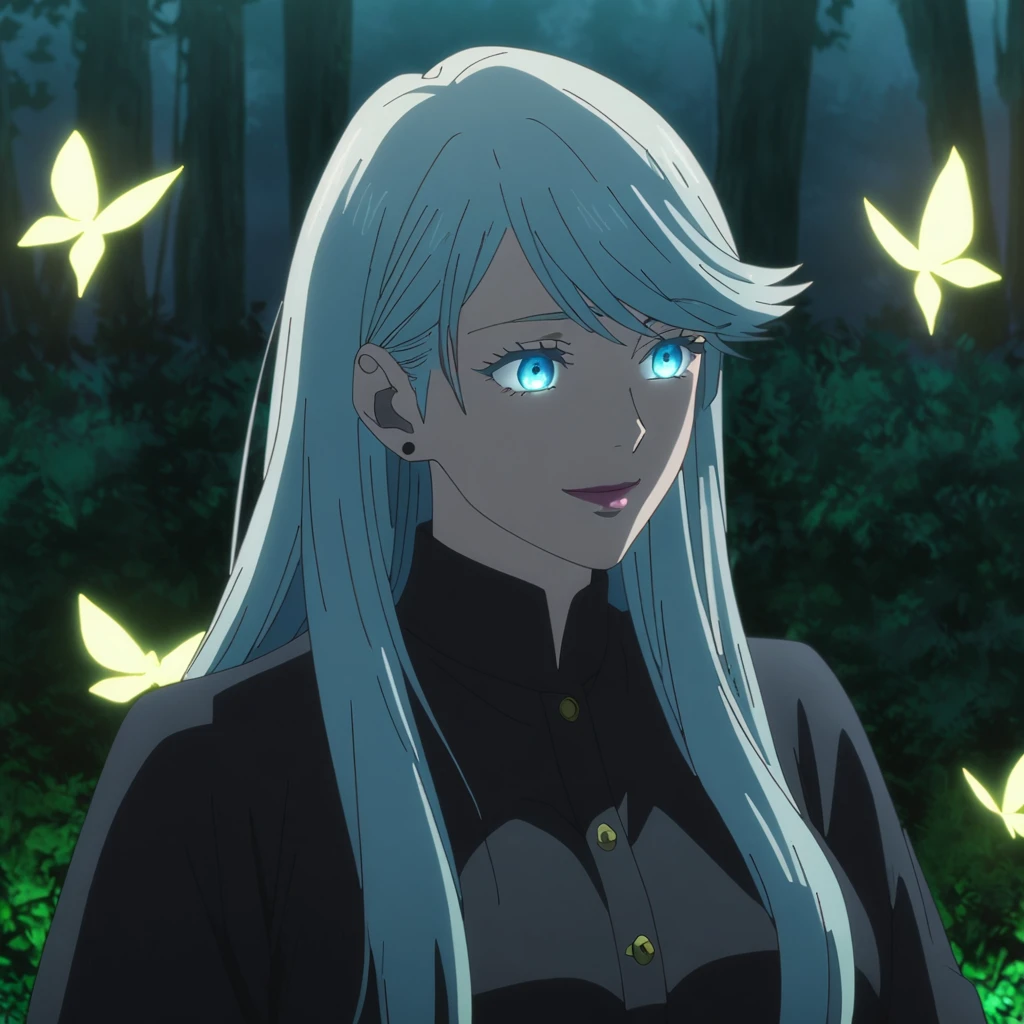 1girl, female gojo satoru, anime screencap from jujutsu kaisen, gojo satoru female version, solo, medium_hair, ((Blue universal eyes)) ((straight Silver_hair)), night view, (hanging breasts) upper_body, smile, forest background, glowing butter fly, book, Blue_eyes, lips, (swept bangs) ((wearing black colour outfit with button)) breast, "very detailed and high resolution" (Blue eyes) (cross arms) ((long straight hair)) ((solo)) (front view) (earings) ((high resolution)) ((good quality)) ((swept bangs))