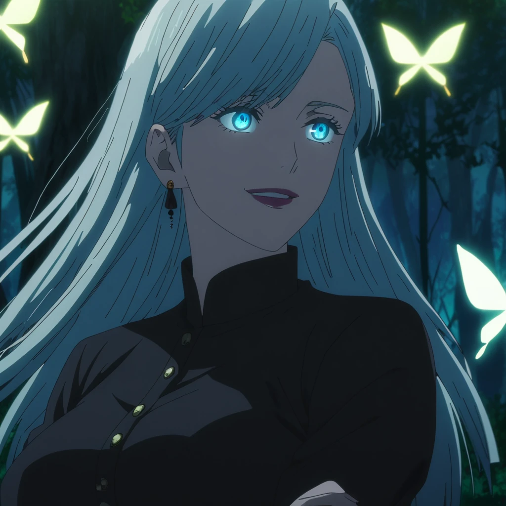 1girl, female gojo satoru, anime screencap from jujutsu kaisen, gojo satoru female version, solo, medium_hair, ((Blue universal eyes)) ((straight Silver_hair)), night view, (hanging breasts) upper_body, smile, forest background, glowing butter fly, book, Blue_eyes, lips, (swept bangs) ((wearing black colour outfit with button)) breast, "very detailed and high resolution" (Blue eyes) (cross arms)  ((long straight hair)) ((solo)) (front view) (earings) ((high resolution)) ((good quality)) ((swept bangs))