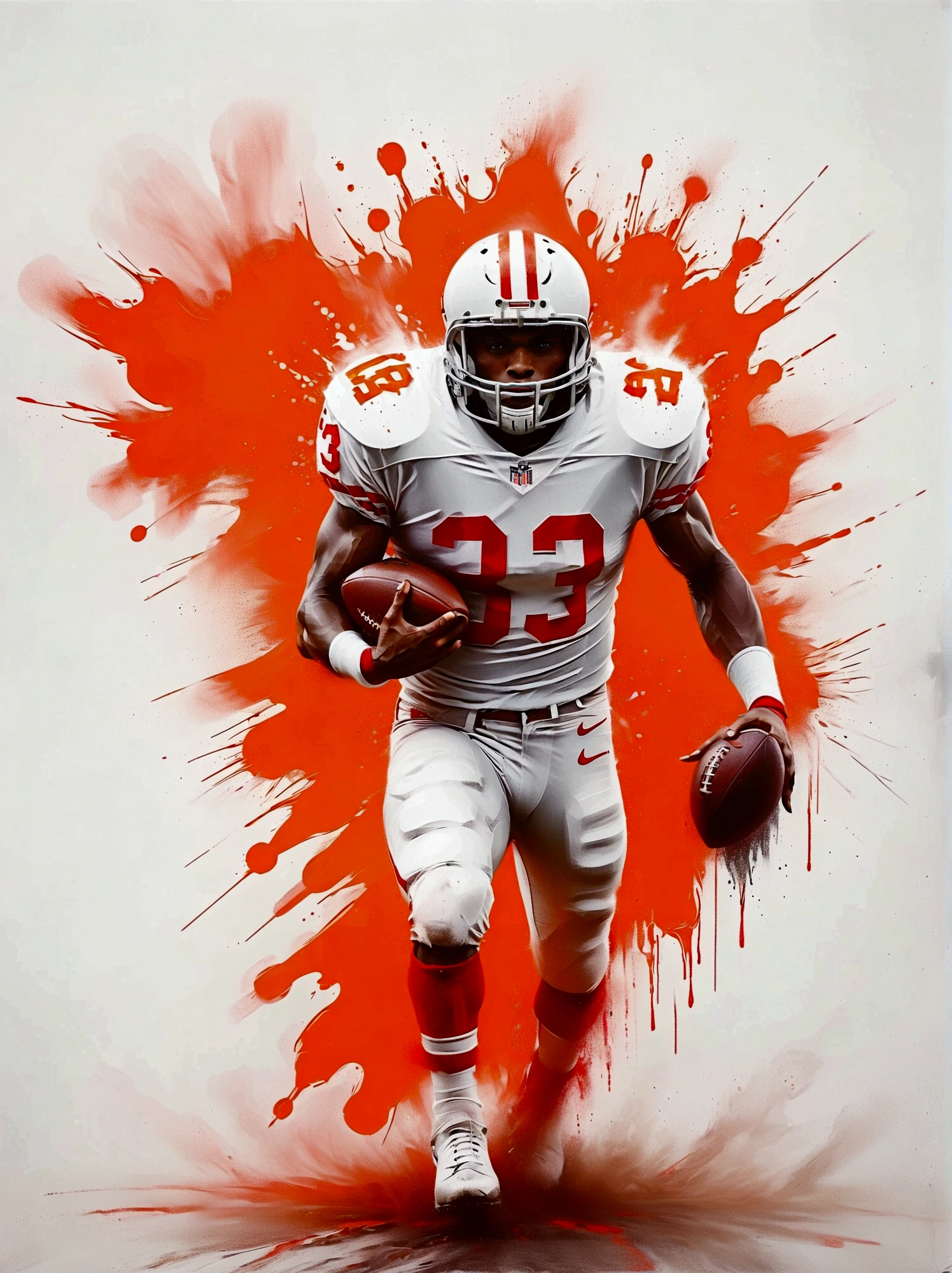 A Middle Eastern football player in action. This image has been painted with vibrant colors and bold brushstrokes to accentuate the energy and intensity of a professional athlete. The athlete possesses a strong and muscular body, with well-defined arms that project a powerful athletic aura. His confident pose encapsulates his readiness to rule the field. The dynamism of the scene, frozen through the capture of a high-speed lens, showcases his agility and tenacious determination. The vibrant color palette adds another layer to the excitement, punctuating the football player's intense focus. This image, drawing inspiration from hyperrealism, embodies the essence of a professional football player. Perfect as a sports magazine cover or motivational poster.