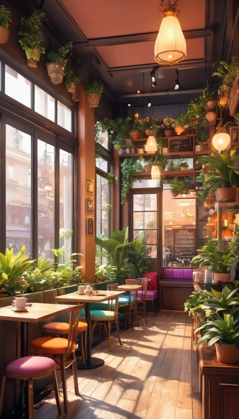 Anime Style, The interior of the coffee shop is painted with exquisite detail and vibrant colors.. Delicate steam rising from hot cappuccino coffee on the table, The seats are fitted with soft, colorful cushions, Lots of potted plants, Create a cozy and inviting atmosphere. Soft lighting casts a warm, beautiful glow over the dreamy scene, It's evening, An ideal place to relax and escape from reality. (Prompts B and C) Anime Style coffee shop interior, Steaming hot coffee on the table, Creating a cozy space, Beautiful and dreamy atmosphere. (High resolution, 8K) Super detailed anime illustration of a coffee shop interior, Display a hot cup of coffee on a table, Create a warm and cozy atmosphere
