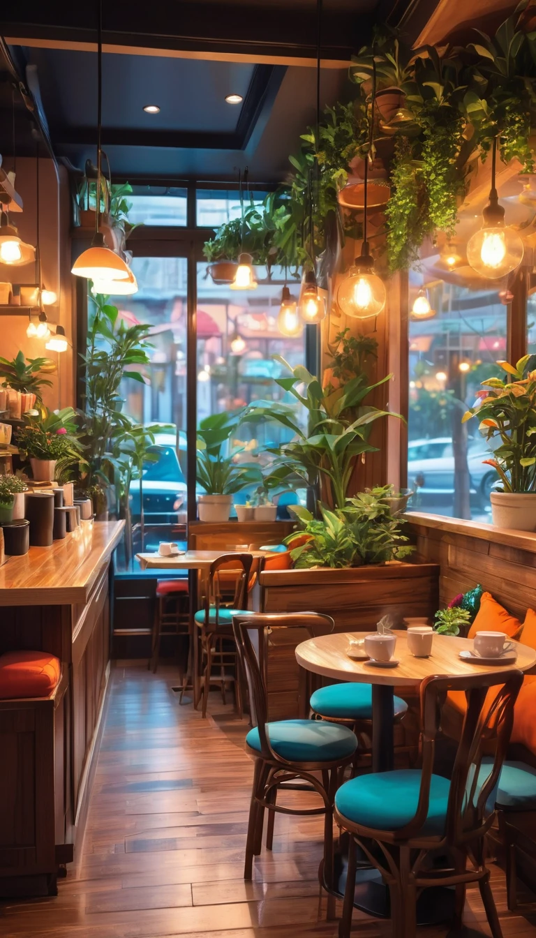 Anime Style, The interior of the coffee shop is painted with exquisite detail and vibrant colors.. Delicate steam rising from hot cappuccino coffee on the table, The seats are fitted with soft, colorful cushions, Lots of potted plants, Create a cozy and inviting atmosphere. Soft lighting casts a warm, beautiful glow over the dreamy scene, It's evening, An ideal place to relax and escape from reality. (Prompts B and C) Anime Style coffee shop interior, Steaming hot coffee on the table, Creating a cozy space, Beautiful and dreamy atmosphere. (High resolution, 8K) Super detailed anime illustration of a coffee shop interior, Display a hot cup of coffee on a table, Create a warm and cozy atmosphere