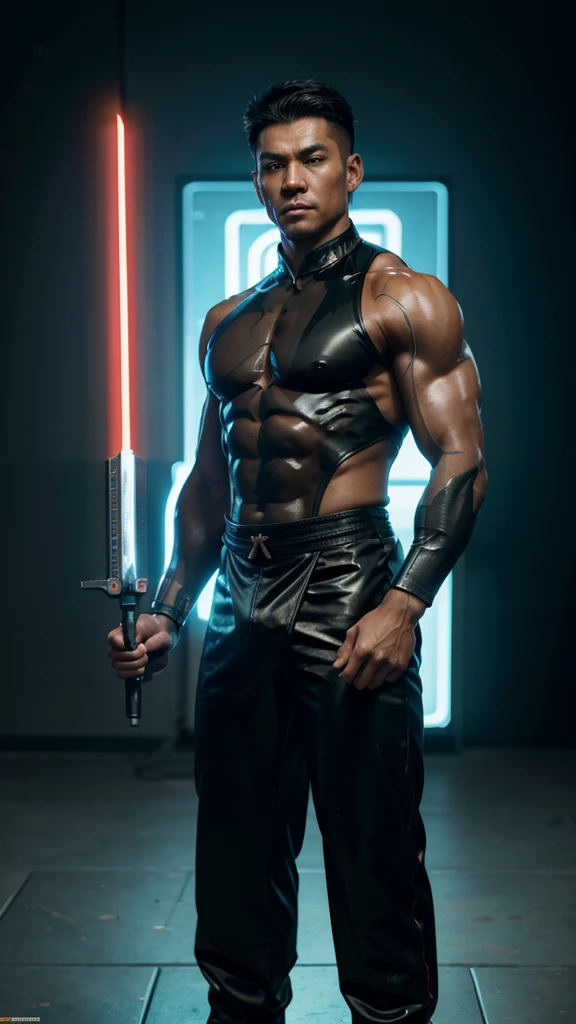 Extremely lean muscular Asian human counterpart of rabbit Chinese zodiac hero warrior in a Tron outfit with highly defined muscles holding a weapon and neon accent lines on the body artstation style artgem greg rutkowski adrian chase glowing background high definition