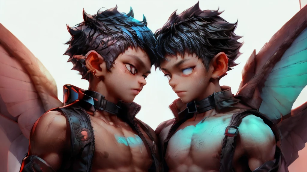 2boy demons, incubus , romantic seductive glare,young looking skinny toned, horns on head black hair, (Powder blue skin), abs, cute, multiple boys, sucking each other 8k perfect face full body, ((huge penis))