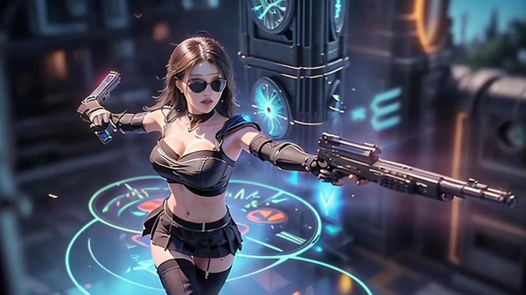 (aerial view). at night, futuristic sci-fi cyberpunk city, broad viaduct, skyscrapers at the end of the viaduct, the movie "13th Floor" style, hq. Matrix style, at night, (1girl, solo), photo realistic, (large-breast:1.2 slim body, cleavage:1.3), (((tube top, extreamly short pleated (((miniskirt))) exposing panty))), (((((matrix style black sunglasses))))), (((((aiming at camera with a (pistol)))))), (((half-body (thigh level) medium shot))), (cinematic lighting).