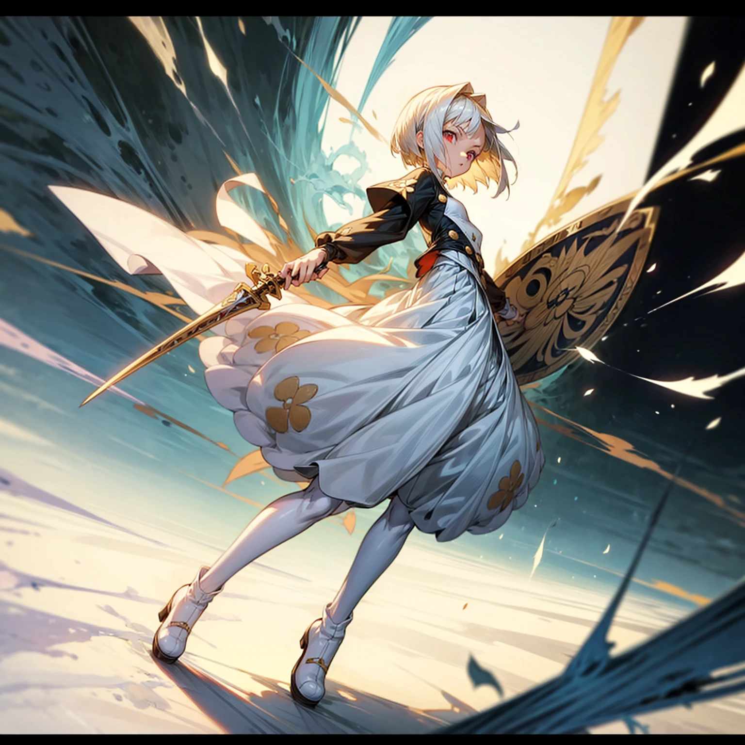 1girl, Full body version, 1character, light red eyes color, white skin, short hairstyle, white colour hair, saber style clothing, Long skirt, long socks, long boots, dagger knife in hand, small Shield in hand, full background, Grassroots background in village, motion blur, shadow, battle gesture, (one piece style art)