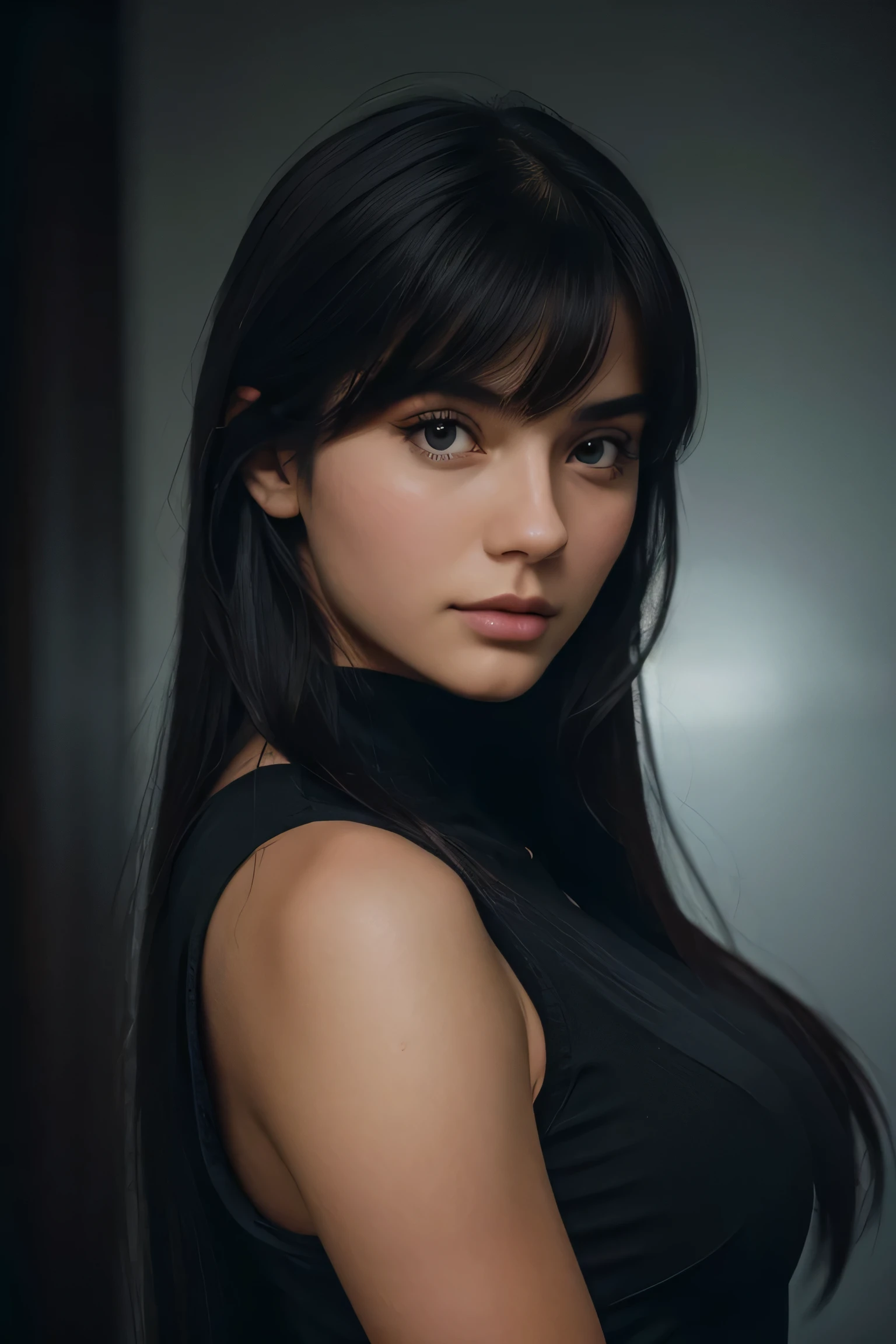 1 russian girl in, age20, Solo, long medium hair, Colossal , Looking at Viewer, black hair, sexy face, black eyes, closeup pose, Realistic, depth oF Field, F/1. 8, 85mm, Medium shot, mid shot, (((proFessionally color graded))), bright soft diFFused light, (volumetric Fog), trending on Instagram, hdr 4k, 8k