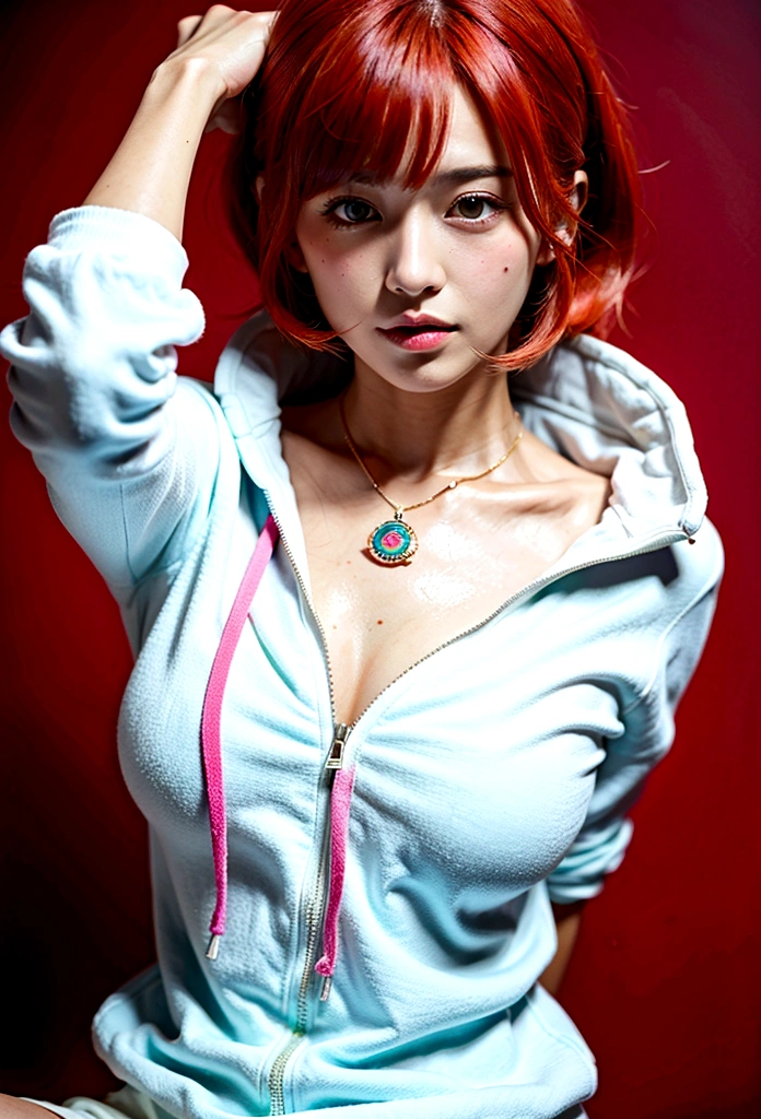 (Highest quality, 8K, 32k, masterpiece, Ultra-high resolution:1.2),Beautiful Japanese Women Photos, Rainbow clothes、Rainbow hoodie、Large Breasts, Very short bob hair,Red hair, necklace, Simple Background, From above, View your viewers,Red Hair、White background、Colorful clothing