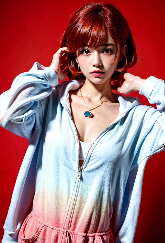 (Highest quality, 8K, 32k, masterpiece, Ultra-high resolution:1.2),Beautiful Japanese Women Photos, Rainbow clothes、Rainbow hoodie、Large Breasts, Very short bob hair,Red hair, necklace, Simple Background, From above, View your viewers,Red Hair、White background、Colorful clothing