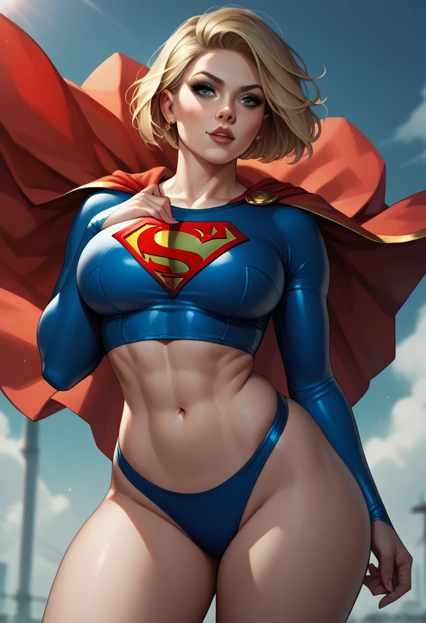 Beautiful woman short hair defined body big breasts, big thighs wearing a Supergirl cosplay