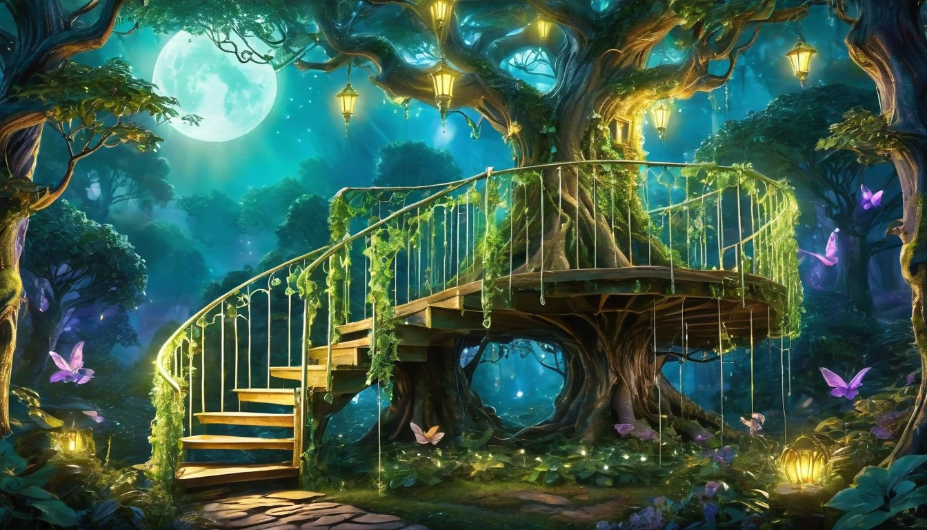 (Enchanted twilight forest, ancient trees, bioluminescent flora:1.5), An elven treehouse intricately crafted (best quality, 8K, advanced resolution, masterpiece:1.2) with hyper-realistic details (1.4x realism, photorealistic: 1.37). This mystical forest is illuminated by glowing plants and magical fireflies, creating an ethereal and serene ambiance. The treehouse, blending seamlessly with its surroundings, features spiral staircases and delicate, vine-wrapped balconies. The artwork combines elements of fantasy and realism, using a dreamy color palette of deep blues, purples, and emerald greens. Gentle moonlight filters through the canopy, casting soft shadows that add an otherworldly glow to the scene. Each element is meticulously rendered, resulting in a captivating and magical masterpiece that transports viewers to an enchanted forest deep within a dense, ancient woodland.