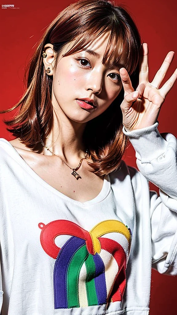 (Highest quality, 8K, 32k, masterpiece, Ultra-high resolution:1.2),Beautiful Japanese Women Photos, Rainbow clothes、Rainbow hoodie、Large Breasts, Very short bob hair,Red hair, necklace, Simple Background, From above, View your viewers,Red Hair、White background、peace sign、Pause