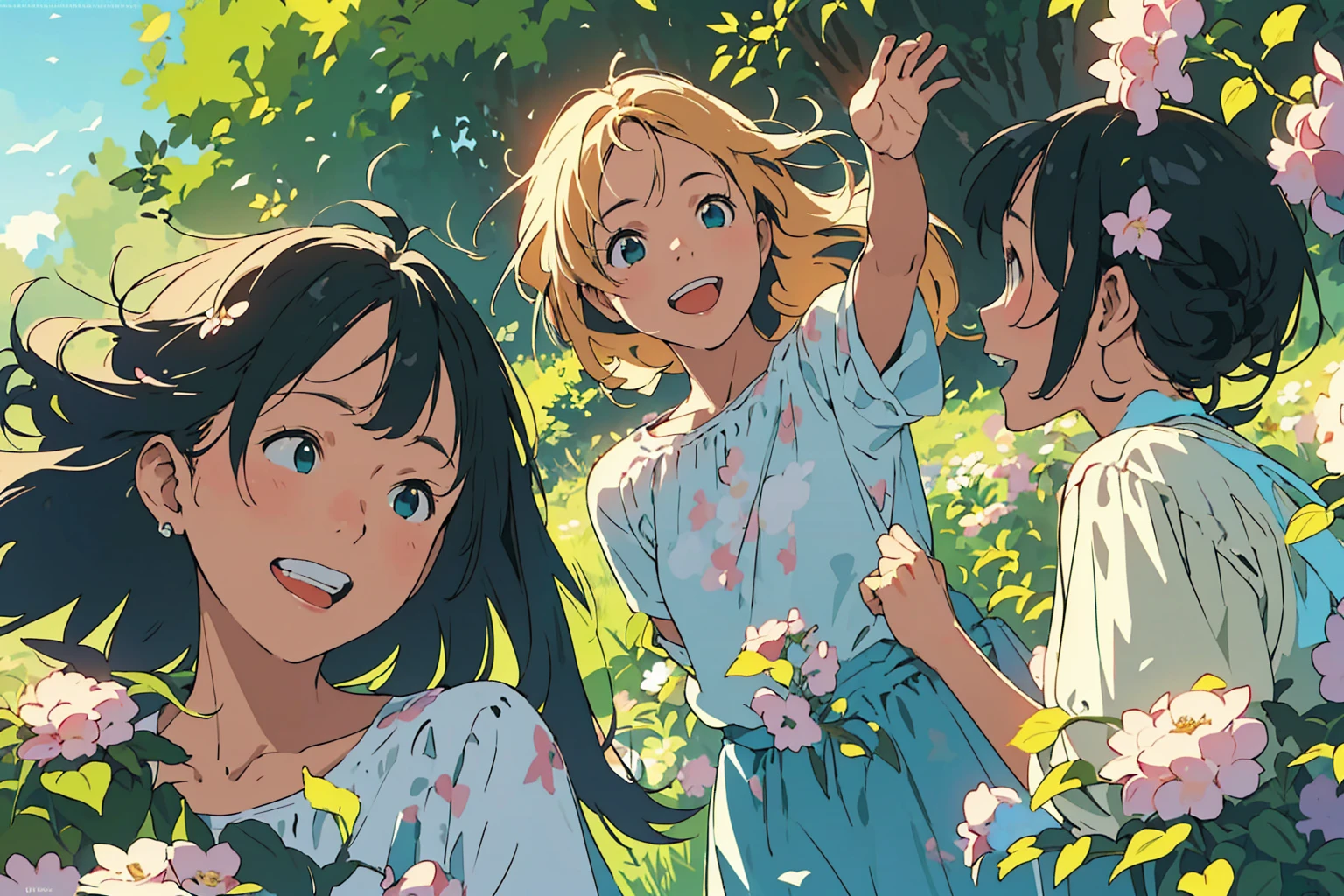 Reasonable design, Clear lines, High Sharpness, (Highest quality,8K,Perfect sharpness,Ultra fine,High resolution,masterpiece:1.2), Perfect Anatomy:1.5, Official Art, Illustrations that tell a story, (Whitish background:0. 9)、Body Positivity、多Mr.な身体表現、(Random and energetic poses)、Perfect beauty、Perfect beautiful face、Strong winds、A rich expression、Dynamic composition、smile、Golden ratio composition、colorful、((Mr.々Different angles and perspectives))、Anime Art、(Mini dress)、(Overcoming stereotypes)、 Glowing Skin、(Natural beauty)、smile、Bangs、(Soft and flowing hair)、(countryside)、(Nostalgic atmosphere)、Put it up to your thighs、(Playful and carefree)、(多Mr.な民族のキャラクター)、(innocent attitude)、(Sunny atmosphere)、(The skirt flutters wildly in the wind)、(Bright colors)、Beautiful Eyes、(Embarrassing)、Braided Hair、Summer Scene、Smiling among flowers、Side angle、