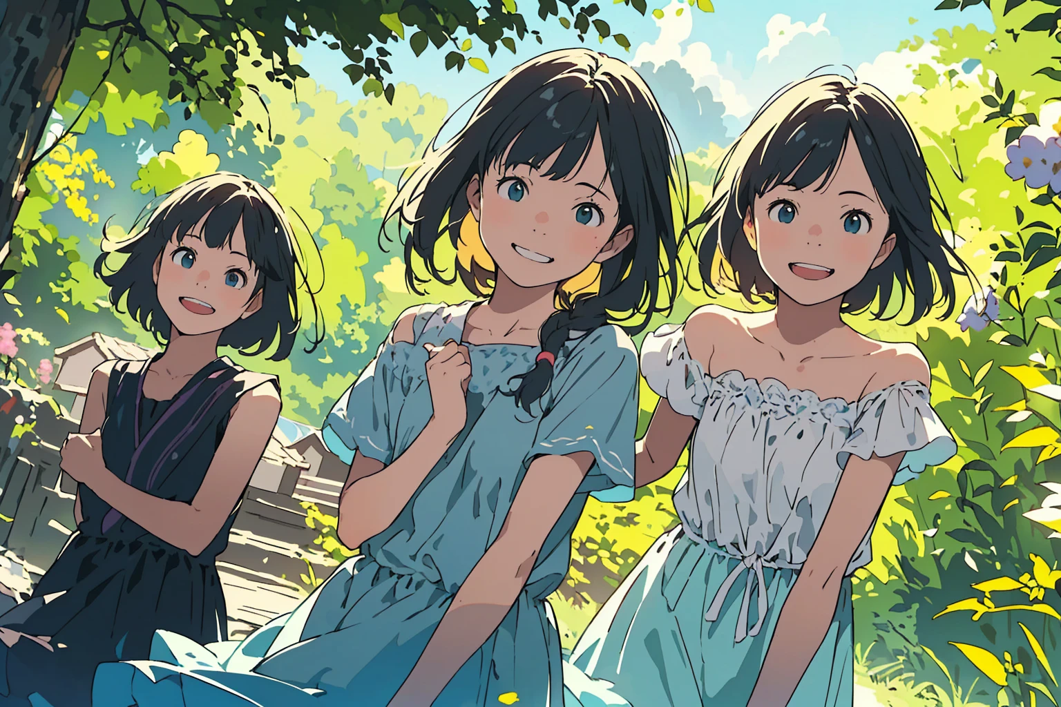 Reasonable design, Clear lines, High Sharpness, (Highest quality,8K,Perfect sharpness,Ultra fine,High resolution,masterpiece:1.2), Perfect Anatomy:1.5, Official Art, Illustrations that tell a story, (Whitish background:0. 9)、Body Positivity、多Mr.な身体表現、(Random and energetic poses)、Perfect beauty、Perfect beautiful face、Strong winds、A rich expression、Dynamic composition、smile、Golden ratio composition、colorful、((Mr.々Different angles and perspectives))、Anime Art、(Mini dress)、(Overcoming stereotypes)、 Glowing Skin、(Natural beauty)、smile、Bangs、(Soft and flowing hair)、(countryside)、(Nostalgic atmosphere)、Put it up to your thighs、(Playful and carefree)、(多Mr.な民族のキャラクター)、(innocent attitude)、(Sunny atmosphere)、(The skirt flutters wildly in the wind)、(Bright colors)、Beautiful Eyes、(Embarrassing)、Braided Hair、Summer Scene、Smiling among flowers、Side angle、