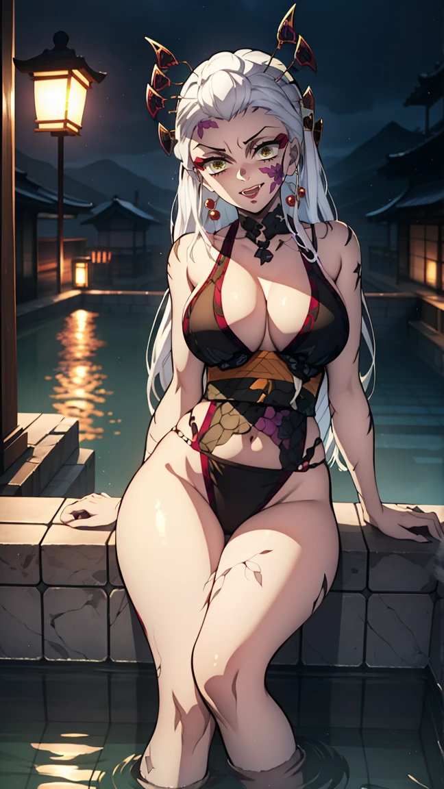 One Demon Girl, looks at the camera, Portrait of a girl, Beautiful waist, night, ancient japan, very sexy, In the bath, grin, fangs,  mouth open, fangs, smile, White hair, erotica, very sexy, beautiful body is completely visible, masterpiece, Best quality, full length (Full body 1.1.), Beautiful waist, good feet, high quality, long hair, White hair.  Highly detailed face, depth of field, HDR, very detailed, ray tracing, whole body, dark fantasy, Demon&#39;s tattoo, very beautiful, Beautiful ., 1 girl, solo, I look at the viewer, black hair, hair ornament, jewelry, closed mouth, green eyes, yellow eyes, japanese clothes, kimono, draw up, pomade, slit pupils, Brilliant eyes, wicked, Red lips, hair stick