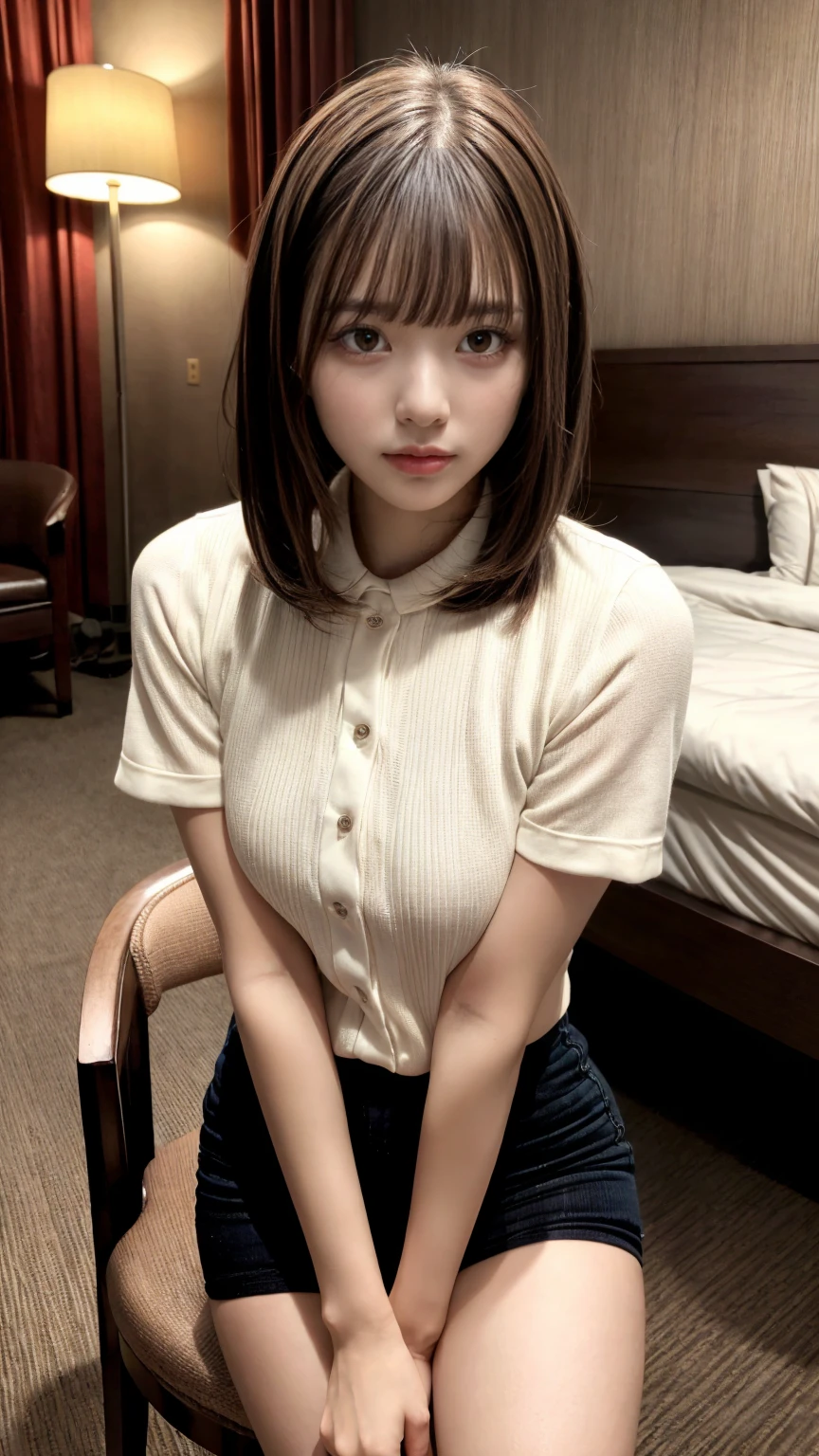 Beautiful woman、Well-formed face、Make the eyes even、Align your feet、Bright interior、Dark colored short sleeve shirt、sitting on a chair in hotel room、Bright interior、25age, light brown hair, hair over shoulder, parted bangs, straight hair, expressive hair, shiny hair, shy, parted lips, large breasts, Surrealism, first-person view, Nikon, UHD, anatomically correct, textured skin, high details, best quality, highres, 8k