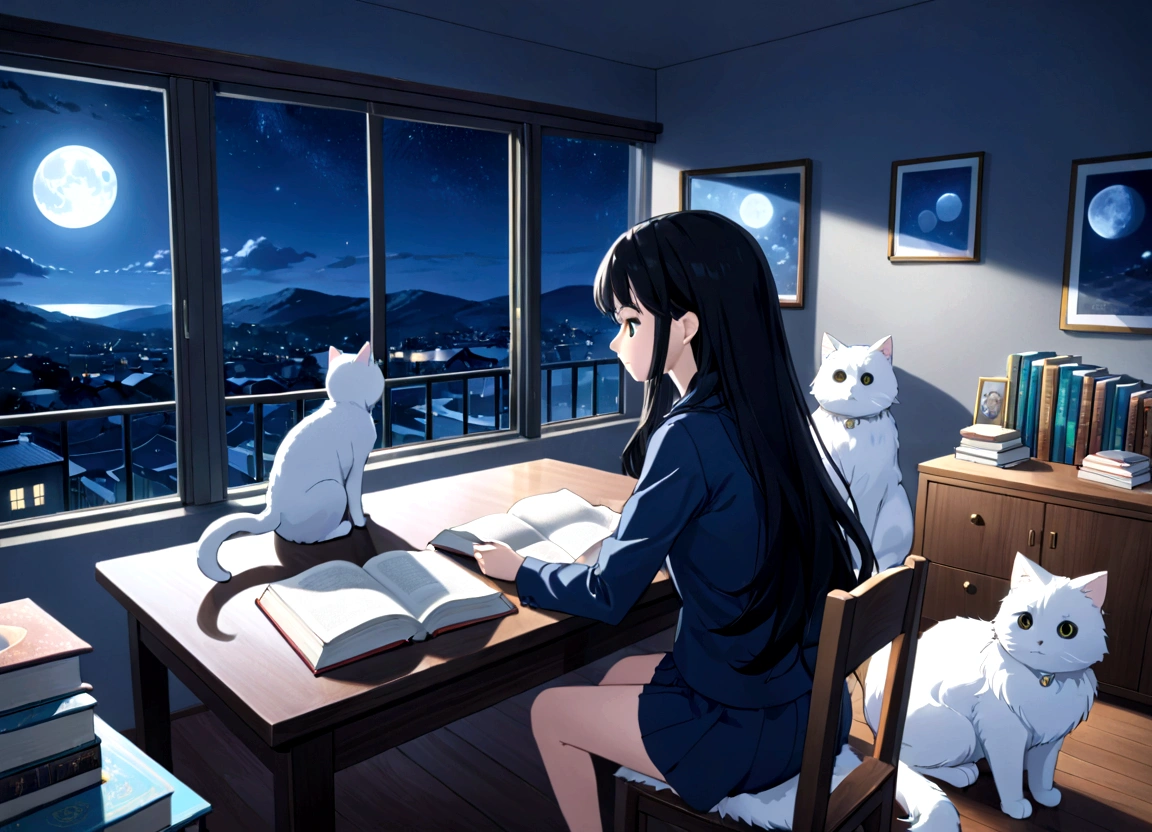 ((Beautiful)) ((masterpiece)) ((anime style)) women, black hair, long hair, black eyes, Reading books, clean room, sitting near window, white furry cat on table, moon, ((night)), 8k, ultra HD, (((side angle shot)))