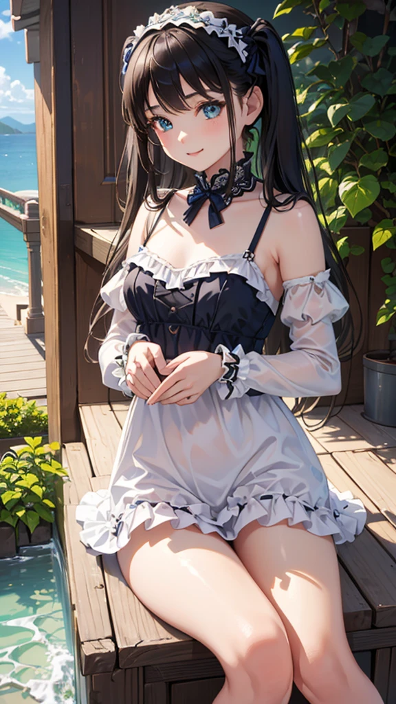 ((masterpiece)), ((highest quality、Ultra high definition)), (Very detailed),8K、Photo quality、((Amazingly cute girl)),((())), Two people, , (Beautiful emerald blue eyes), ((smile)),In the open-air bath overlooking the sea, Beautifully arranged black hair in twin tails、whole body、Cute lolita maid stylimsuit))、Professional Lighting、(White lace knee-highore detailed and beautiful)、(More details and cutenesore realistic)、(((Just wear light clothing)))、プールではしゃぐ、